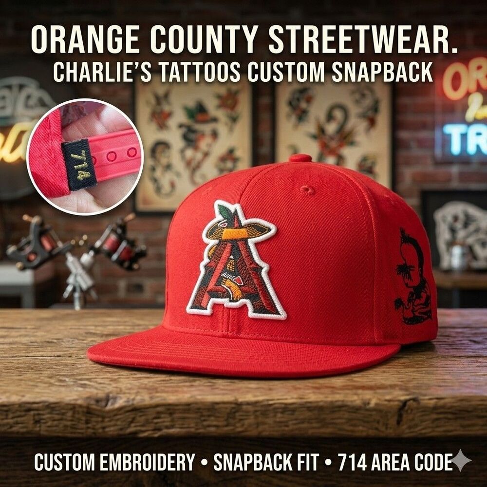 Charlie’s Tattoos Anaheim Snapback Hat Red Orange County 714 Streetwear Cap